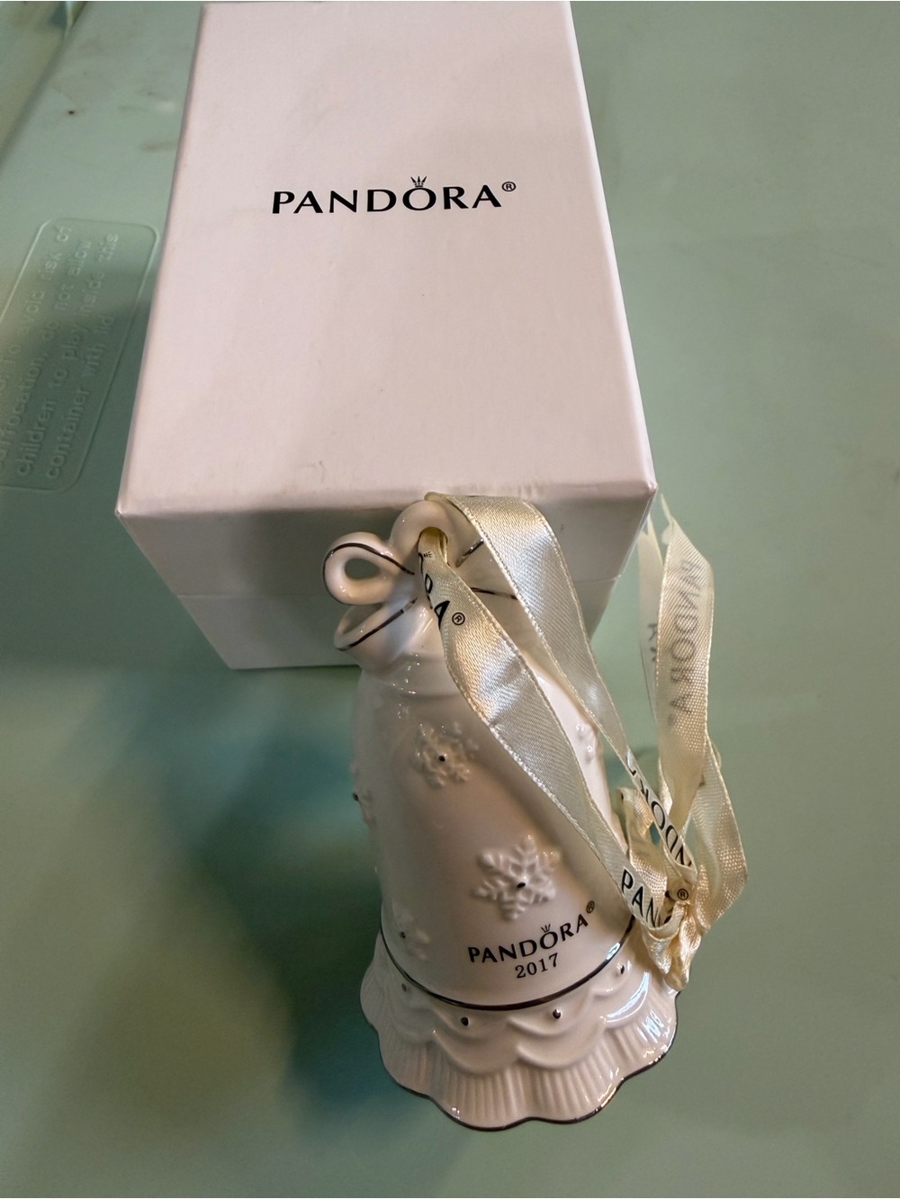 Pandora White Ceramic 2017 Holiday Bell Ornament